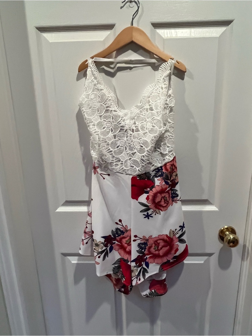 White Lace Top Floral Skater Romper - White with Red/Pink Flowers